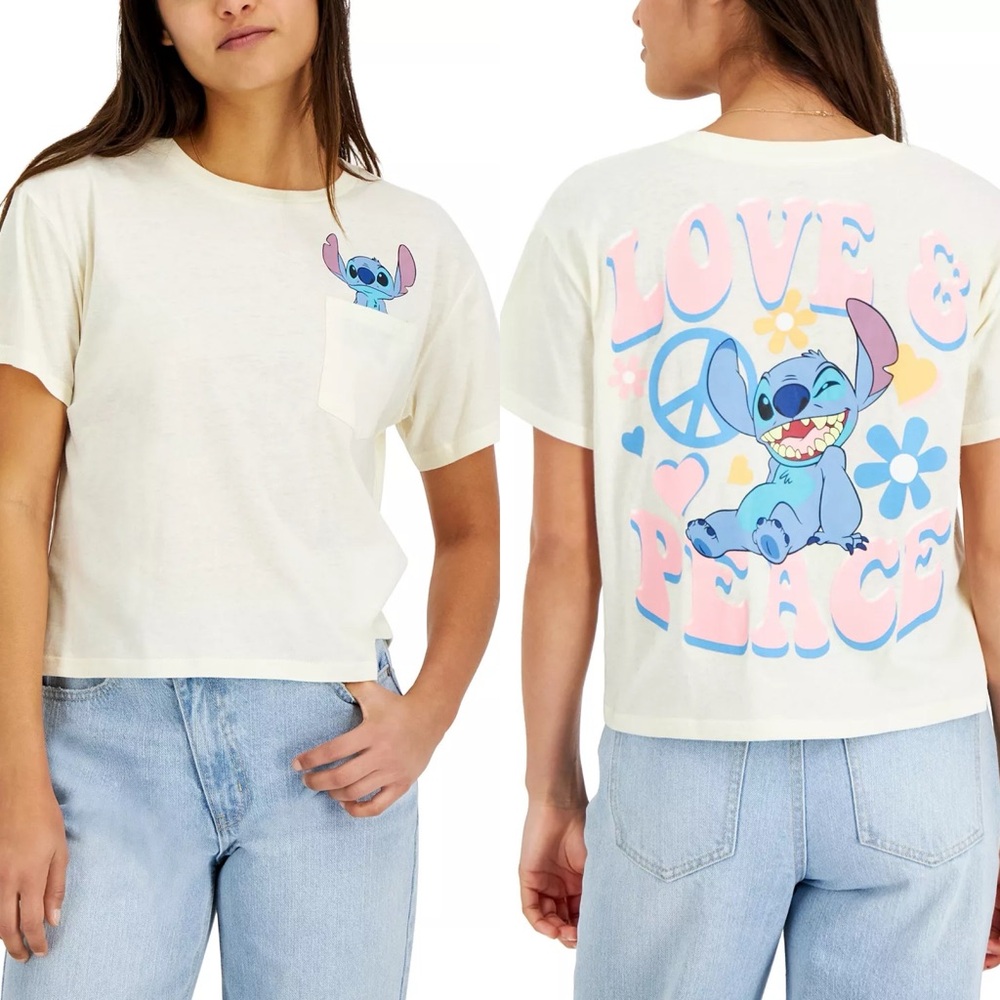 Disney Juniors' Stitch Front-Back Graphic Pocket T-Shirt, Size XL New w/Tag